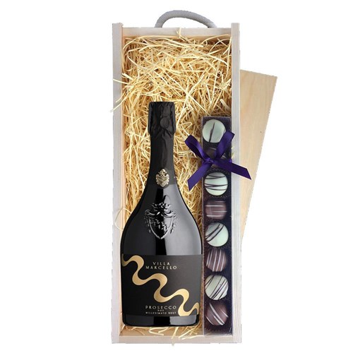 Villa Marcello Prosecco Brut 75cl & Truffles, Wooden Box